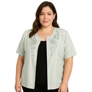 Jessica Howard Cardigan 16 Light Teal Beaded Sequin Open Front Short Sleeve Glam
